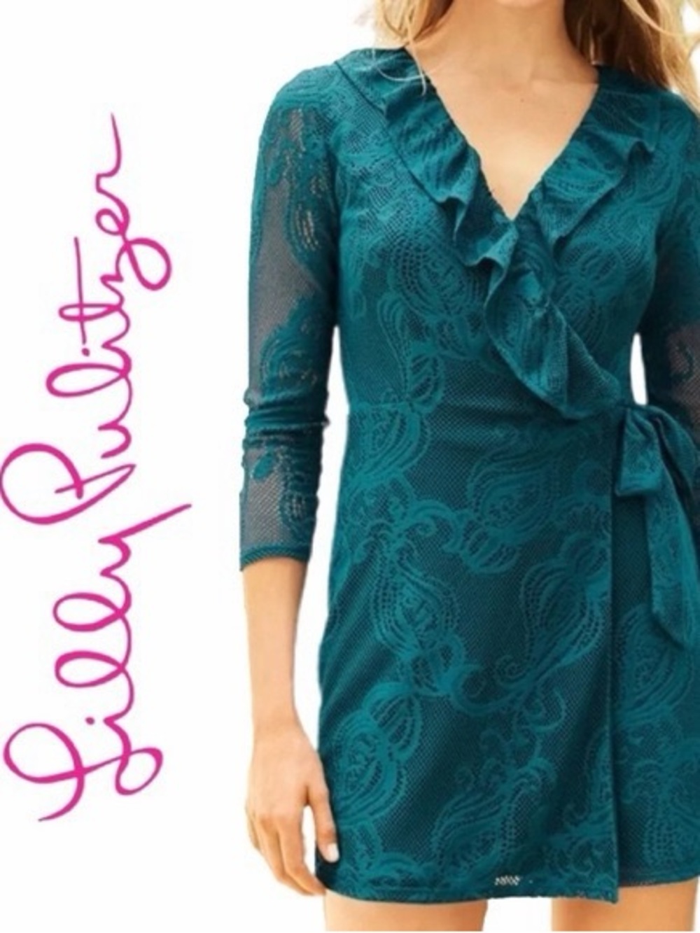 Lilly Pulitzer Teal Lace Ruffle Wrap Dress